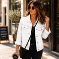thumbnail image 5 of Dweltoz Women’s Cropped Denim Jacket Classic Button Down Lapel 3/4 Sleeve Western Coat Short Vintage Chest Flap Pockets Outfits,Black L, 5 of 6