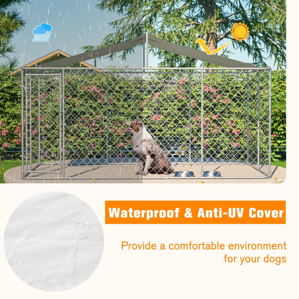 LuckyNote Heavy Duty Outdoor Dog Kennel 13.1x7.5x7.6 ft, Galvanized Chain Link Playpen with Waterproof Anti-UV Cover, Secure Lock, Grey
