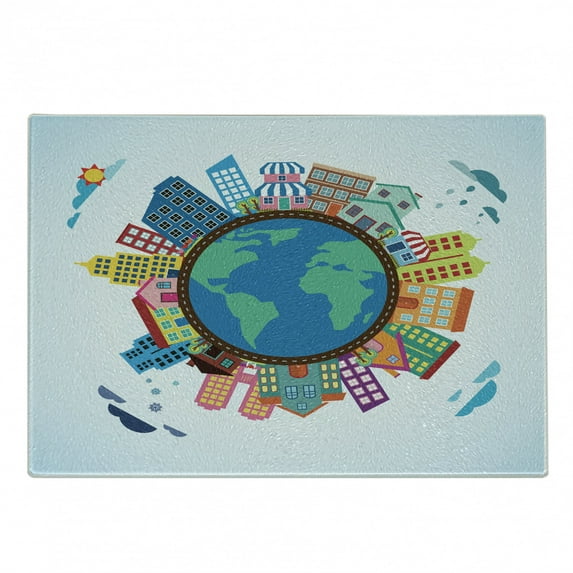 World Map Cutting Board, Cartoon Illustration of Abstract Buildings Around the Globe Clouds, Decorative Tempered Glass Cutting and Serving Board, in 3 Sizes, by Ambesonne