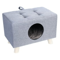 Wooden Pet House Bench - 2-in-1 Cat Cave & Foot Rest Stool with Cushioned Mat for Cats/Small Dogs (Gray)
