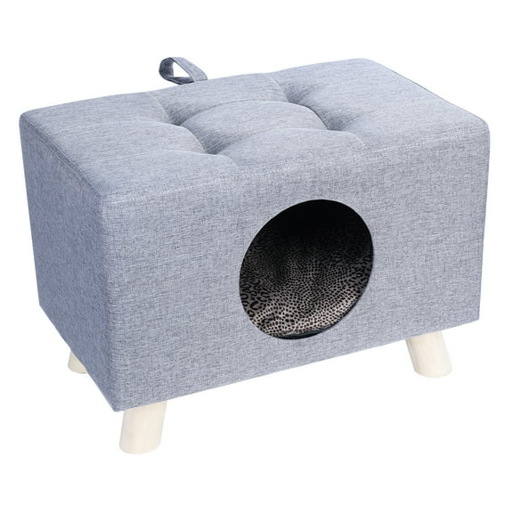 Wooden Pet House Bench - 2-in-1 Cat Cave & Foot Rest Stool with Cushioned Mat for Cats/Small Dogs (Gray)