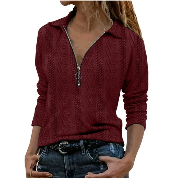 Kaemgyyd Tops for Women Casual Long Sleeve Half Zip Pullover Textured Solid Color V Neck Loose Fall Fashion Clothing