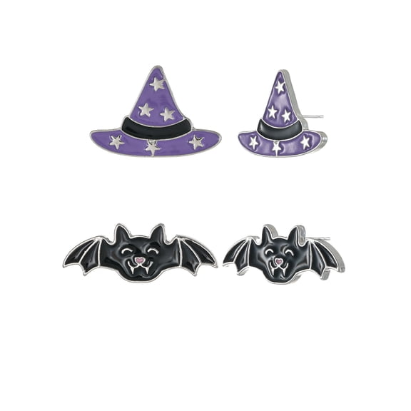 Way to Celebrate Bat & Witch Hat Halloween Stud Earrings, 2 Pairs