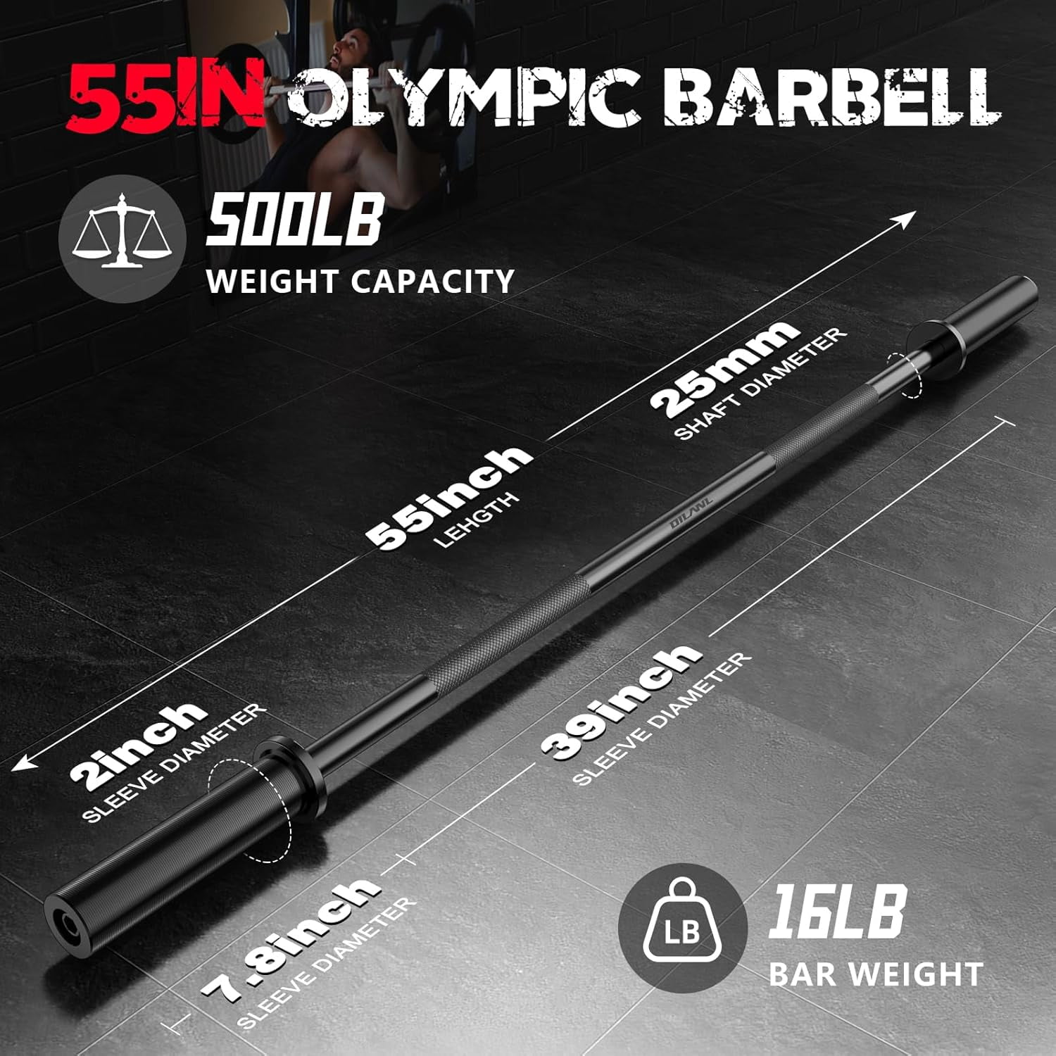 Barbell Bar 55 Inch Heavy Duty  Steel Weight Lifting Bar with Non-Slip Knurling for Home Gym Strength Training