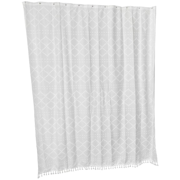 White Bohemian Shower Curtain, Extra Long Bohemian Style Fabric Shower Curtain with Tassels, Farmhouse Chic Chenille Tufted Shower Curtain for Bathroom Decor