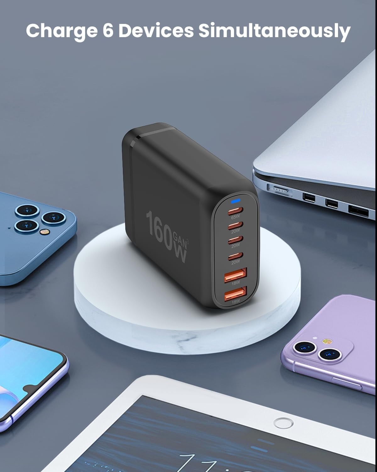 Famous Tech Shop 160W GaN Fast Charging Station, 6-Port PD/PPS Desktop Charger with 4 USB-C & 2 USB-A, Multi-Device Power Hub for Laptops, MacBook, iPhone & Samsung
