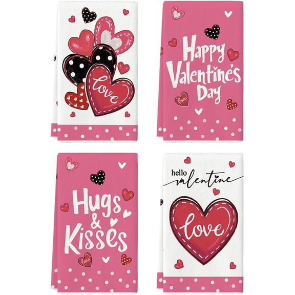 Pink Polka Dot Love Heart Valentine's Kitchen Towels Dish Towels, 18x26 Inch Anniversary Wedding Decoration Cleaning Set of 4