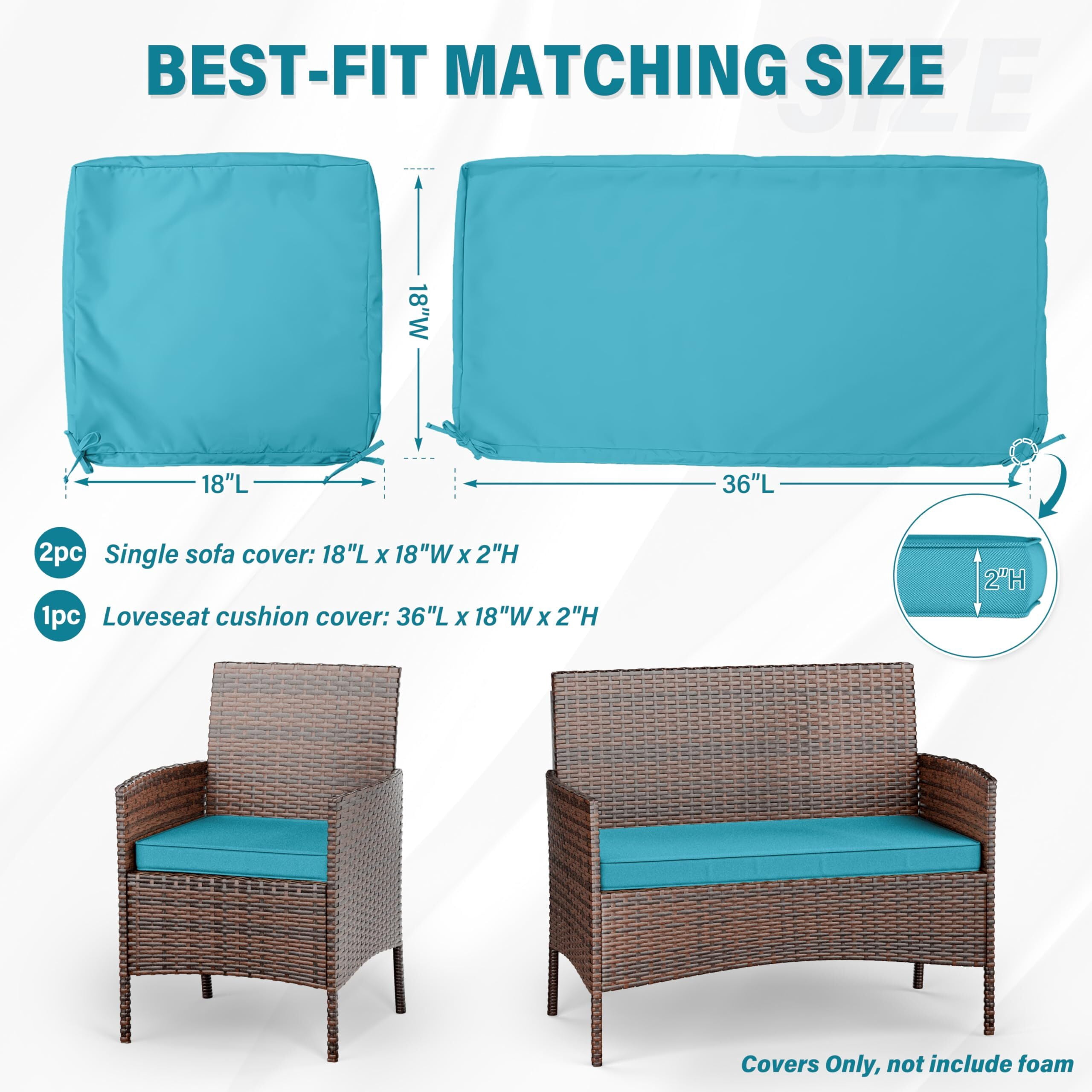 Pakunoda 3Pcs Patio Cushion Covers 4-Seater Outdoor Cushion Slipcovers Replacement with Zipper for Garden Couch Wicker Rattan Sofa Furniture, Cover Only, Lake Blue