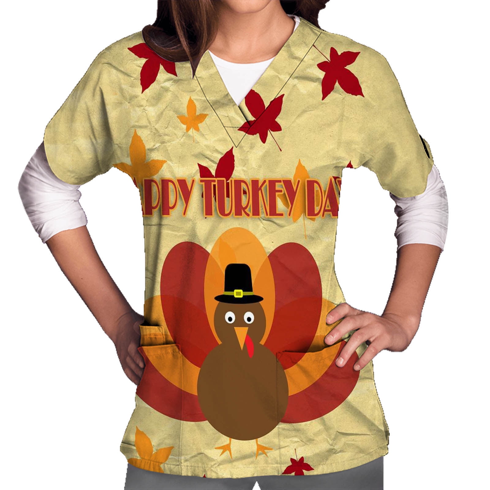 Thanksgiving Scrub Tops for Women,Womens Workwear Short Sleeve Casual V Neck Print Working
