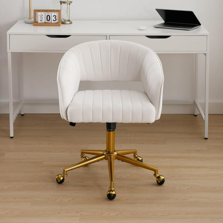 Eifizek Velvet Office Desk Chair Modern Home Desk Chair with Wheels Gold Base Swivel Vanity Chair for Bedroom Office Vanity Study Beige