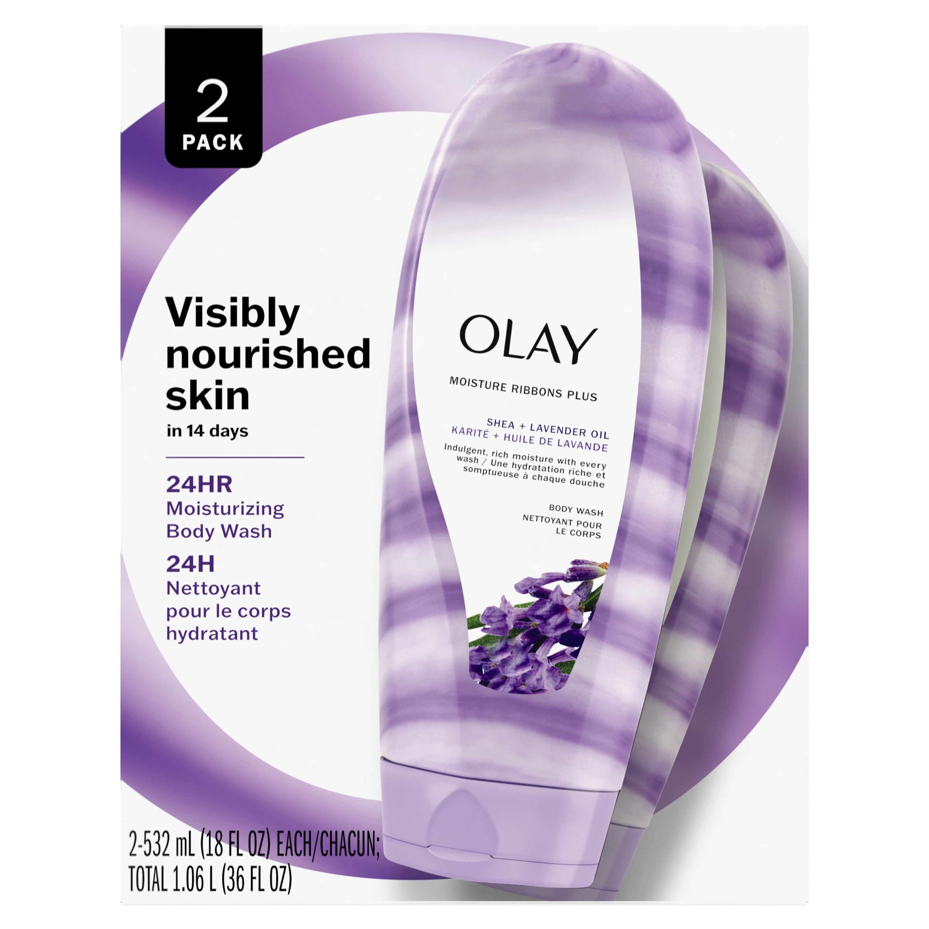 Olay Moisture Ribbons Plus Shea + Lavender Oil Women's Body Wash, All Skin Types, 18 fl oz, Twin Pack