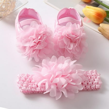 

Baby Infant Girls Soft Sole Floral Princess Mary Jane Shoes Prewalker Wedding Dress Shoes with Headband 0-18M