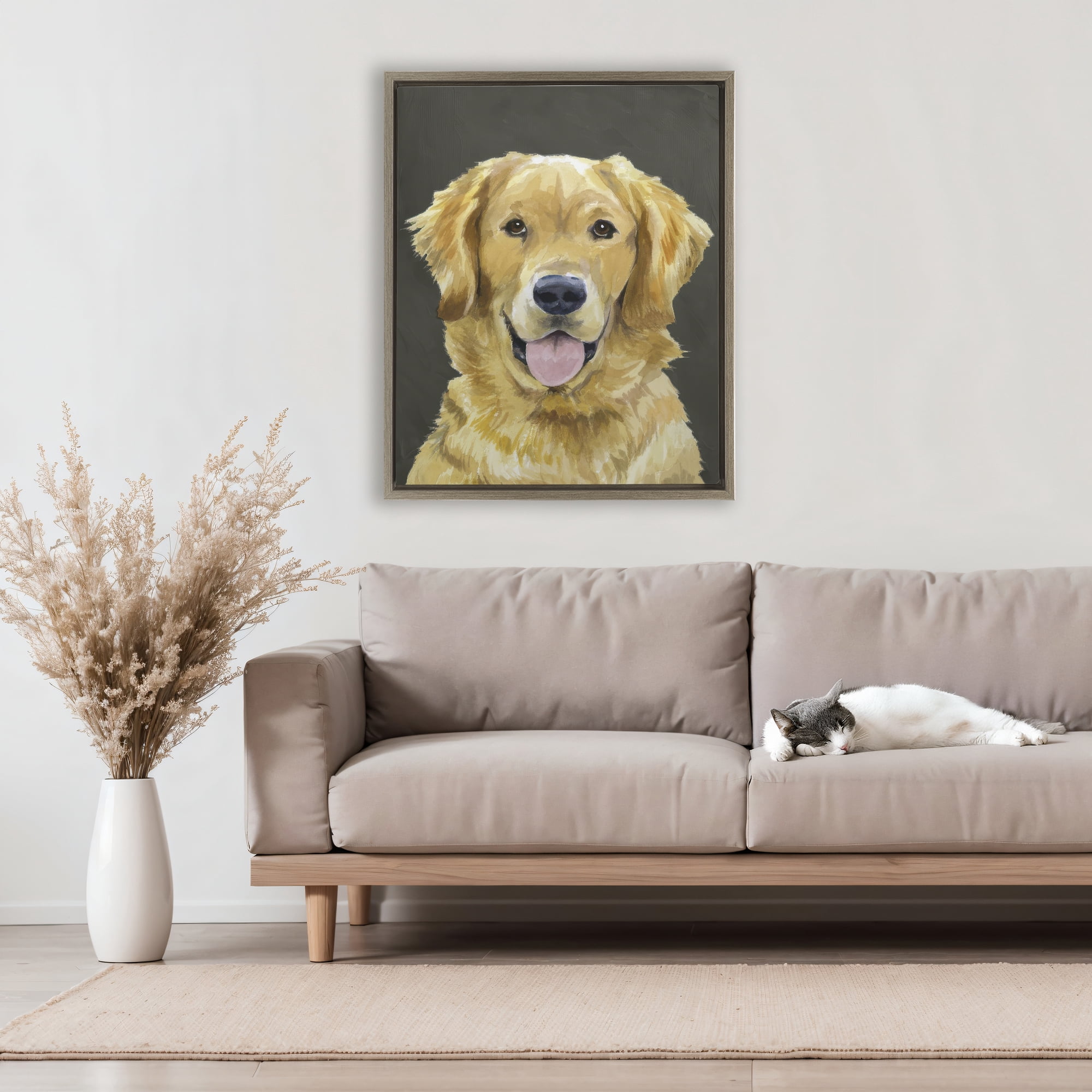 Stupell Industries Joyful Golden Retriever Portrait Brown Framed Floater Canvas Wall Art, design by Lil' Rue