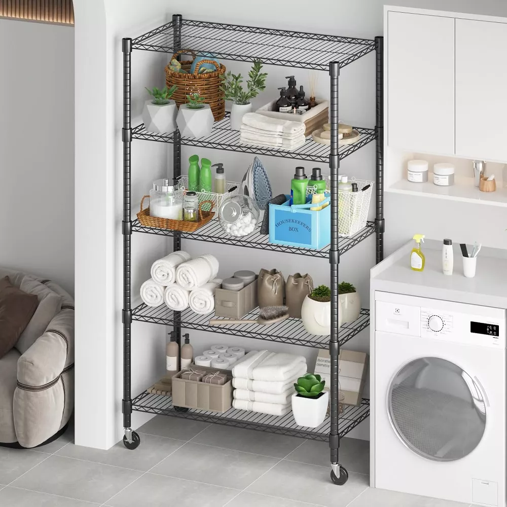 Sailvan 5-Tier Heavy Duty Metal Shelving Unit with Wheels, 2000lb Capacity Wire Storage Rack, 36"W x 18"D x 82"H, Adjustable Garage Shelves,Silver