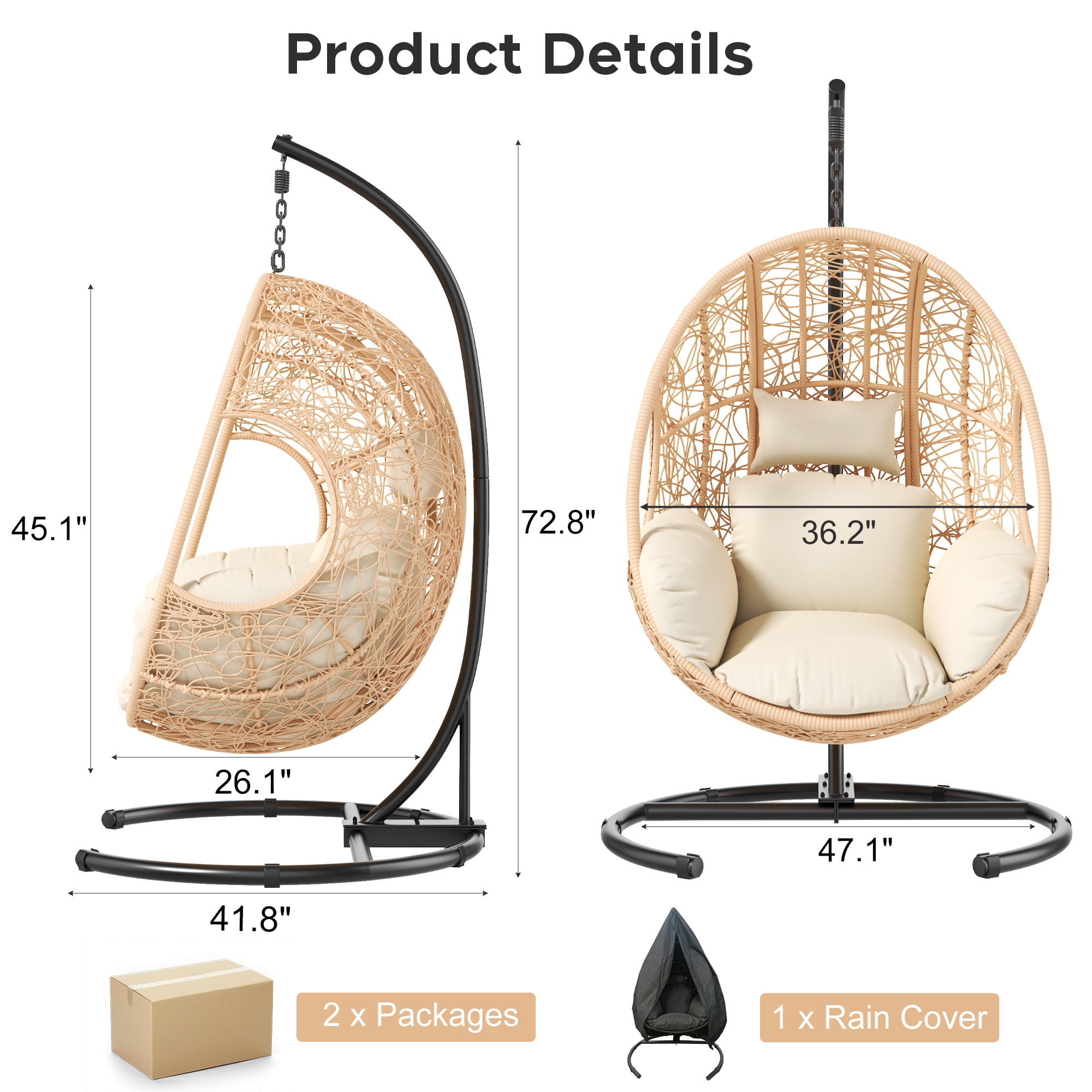avobird 42" Wide U-Base Hanging Egg Chair, Patio Swing with 8-Inch Cushion Weatherproof PE Rattan & Waterproof Cover, Suitable for use in outdoor gardens and on balconies, Natural-2