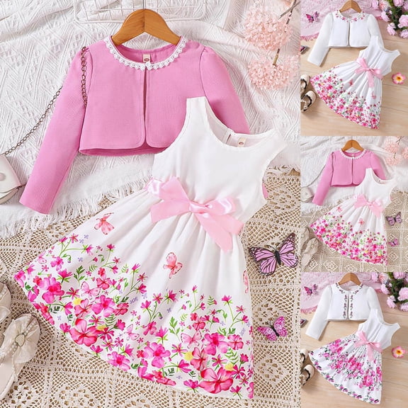 RTKFRFLM Girls 2-Piece Spring Dress Set Fashionable Floral A-Line Dress with Matching Long Sleeve Cardigan Jacket Elegant Casual Outfits for Toddler and Little Girls Ages 2-7 Years