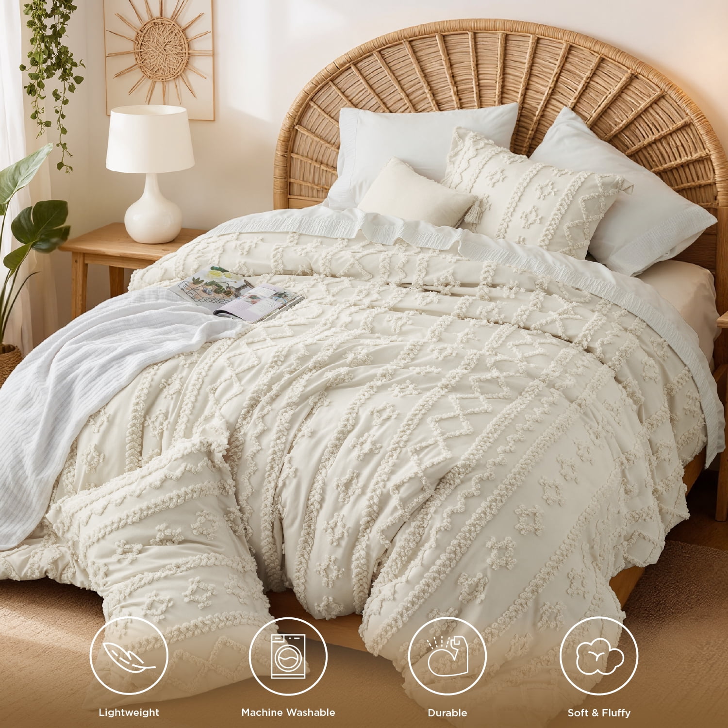 U by Bedsure Tufted Boho Comforter Set Full, Beige, 3 Pieces Farmhouse Shabby Chic Embroidery Bed Set, Soft Jacquard Comforter for All Seasons