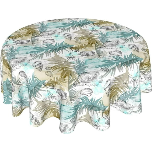 Watercolor Tropical Summer Round Tablecloth 60 Inch Summer Beach Seastar Table Cloths Polyester Fabric Coastal Ocean Outdoor Round Table Cover Decoration for Kitchen Dining Room Picnic Party