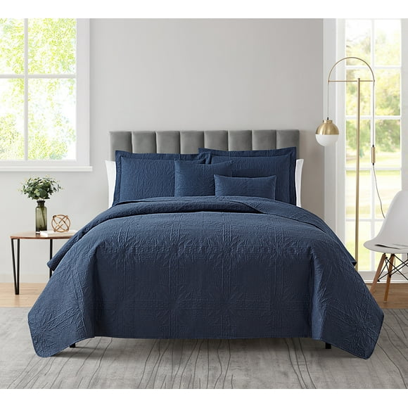 Clara Clark Home Quilt Set Bedspread - Ultra Soft Microfiber Embossed Grid Weave Pinsonic Lightweight - Quilted Comforter 5 Piece Bedding Set - 2 Pillow Shams, 2 Euro Shams - Twin, Navy Blue