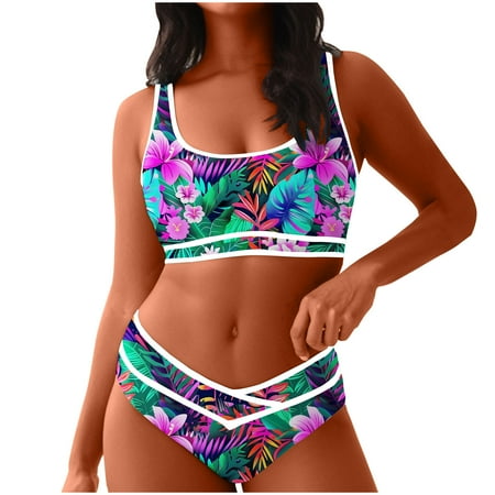 UTSJKR Women Sporty Bikini Sets 2025 High Waisted Two Piece Swimsuits Tropical Floral Cheeky High Cut Bathing Suits Multicolor XL