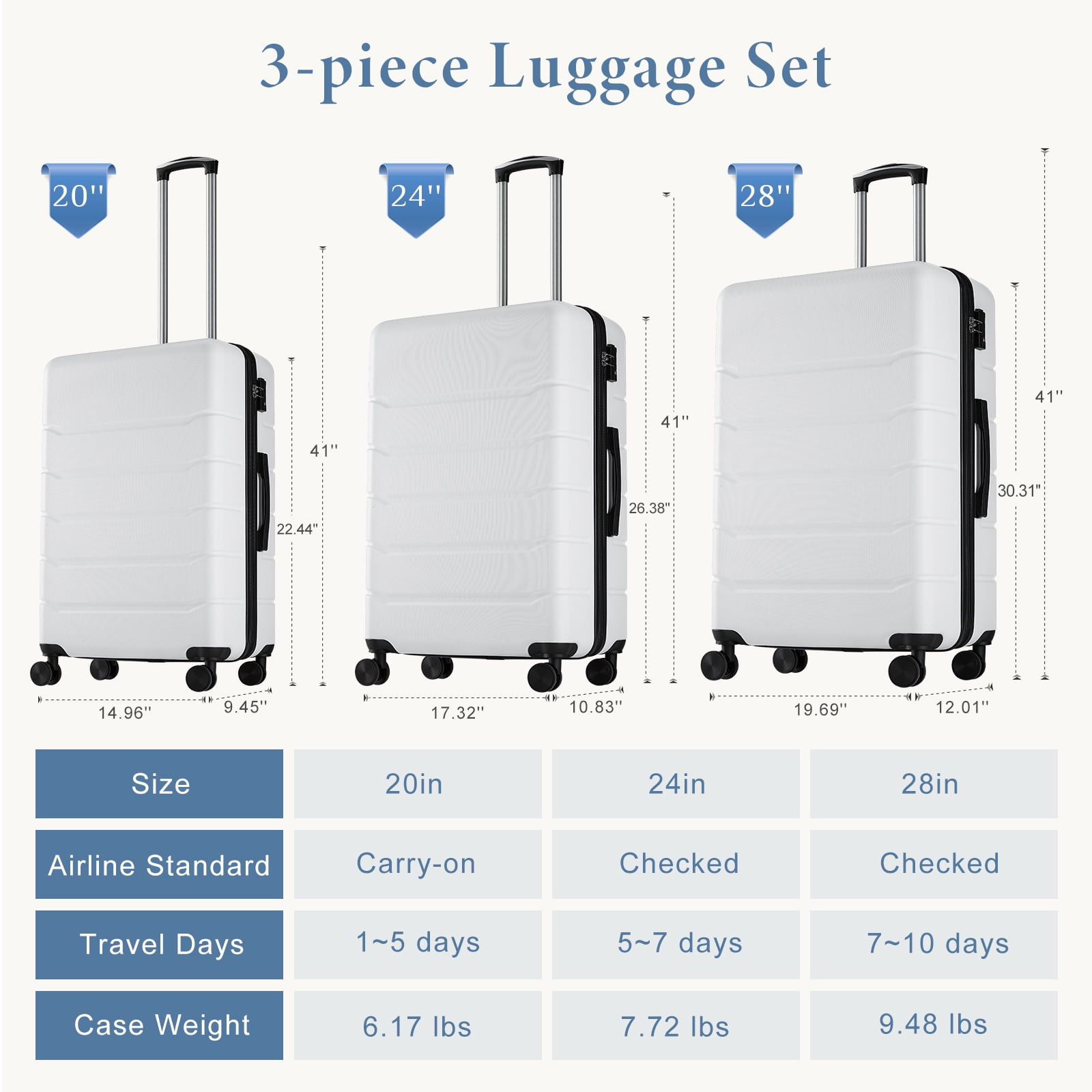 JIOABL 28 Inch Checked Luggage Expandable Hardside Suitcases with Rolling Spinner Wheels & TSA Lock, White