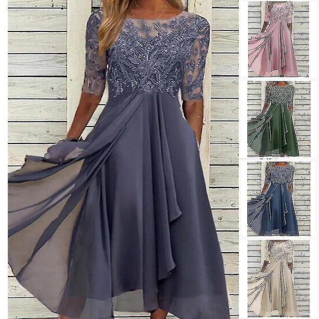 Robe en Dentelle Appliquée Midi Manches Courtes Robes de Soirée Décontractées Robe Assortie pour Mariage