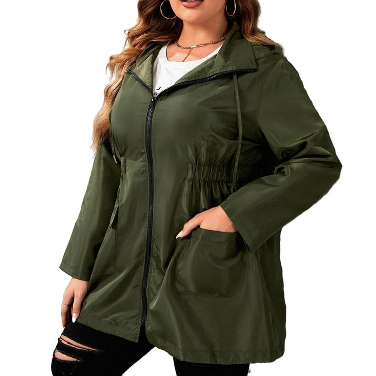 Long Plain Plus Size Jackets Long Sleeve Non Stretch Army Green Women s Plus