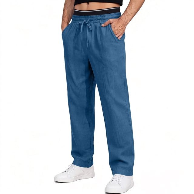 Ceisia Men's Solid Color Cotton Linen Casual Pants Loose Straight Leg Drawstring Trousers for Summer Blue L Gifts