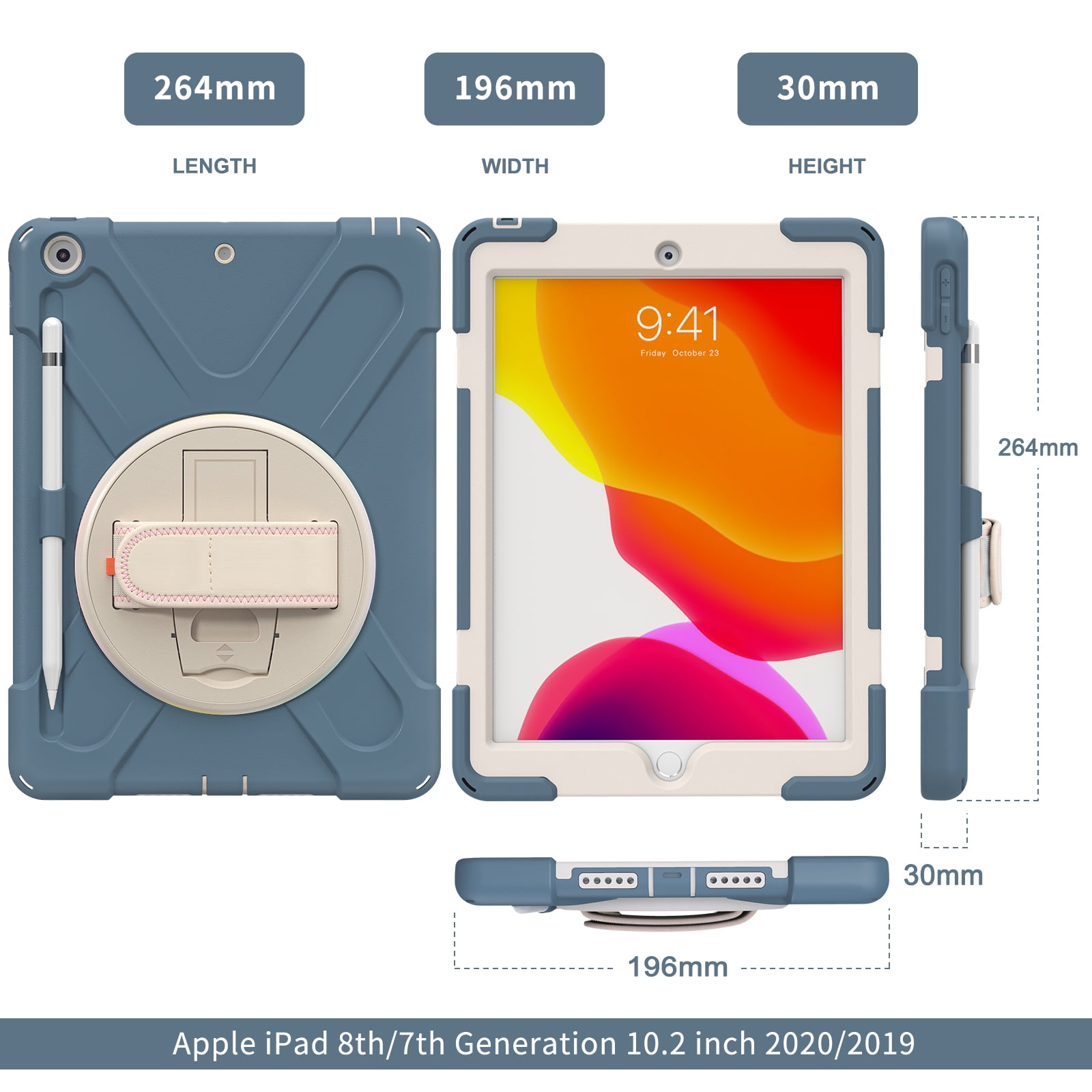 Allytech iPad 10.2" 8th 7th Generation Case with Screen Protector, Heavy Duty Protection Rugged Kids Friendly Shockproof Kickstand Pencil Holder Case Cover for Apple iPad 10.2 2020/2019,Blue