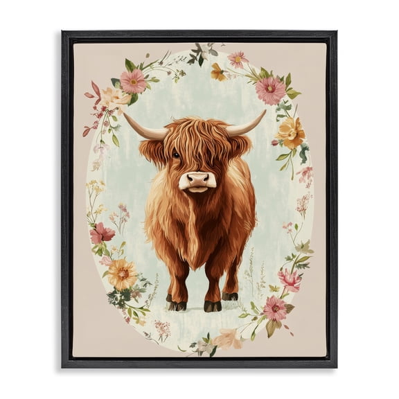 Stupell Industries Farmhouse Peach Flower Border Cow Black Floating Frame Canvas Art, 17 x 21, by Petals Prints Design
