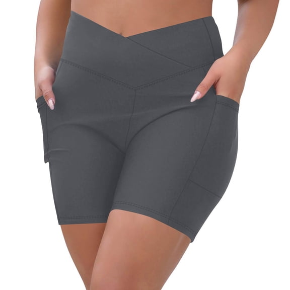 Domuza Women's Biker Shorts with Pockets Plus Size High Waist Workout Yoga Spandex Athletic Bicycle Leggings Shorts for Running Dark Gray 4XL