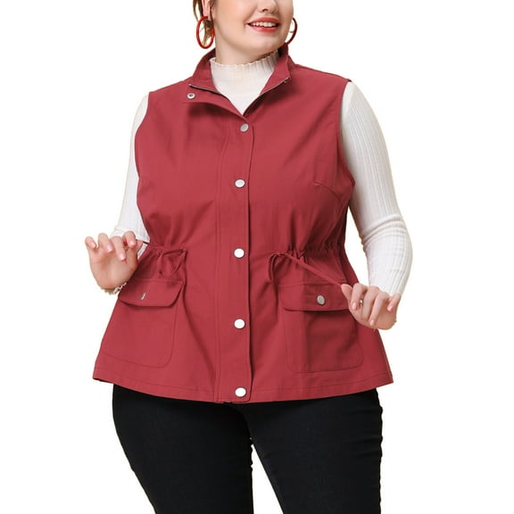 Unique Bargains Women's Plus Cargo Drawstring Waist Sleeveless Jacket
