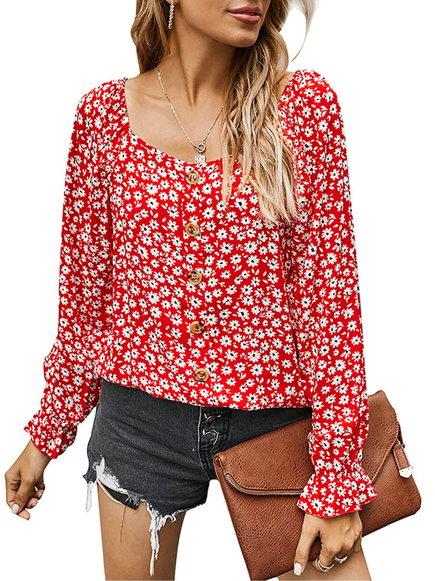 Simooset Women's Floral Print Long Sleeve Elastic Square Neck Cuffs Loose Blouse  Tops - Walmart.com