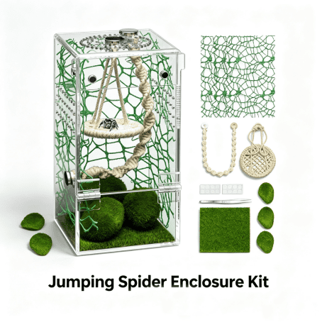 Acrylic Jumping Spider Enclosure Hammock Kit, Escape-Proof Magnetic Door & Cross Ventilation, Small Reptile Terrarium Habitat for Jumping Spiders, Praying Mantis, Tarantula