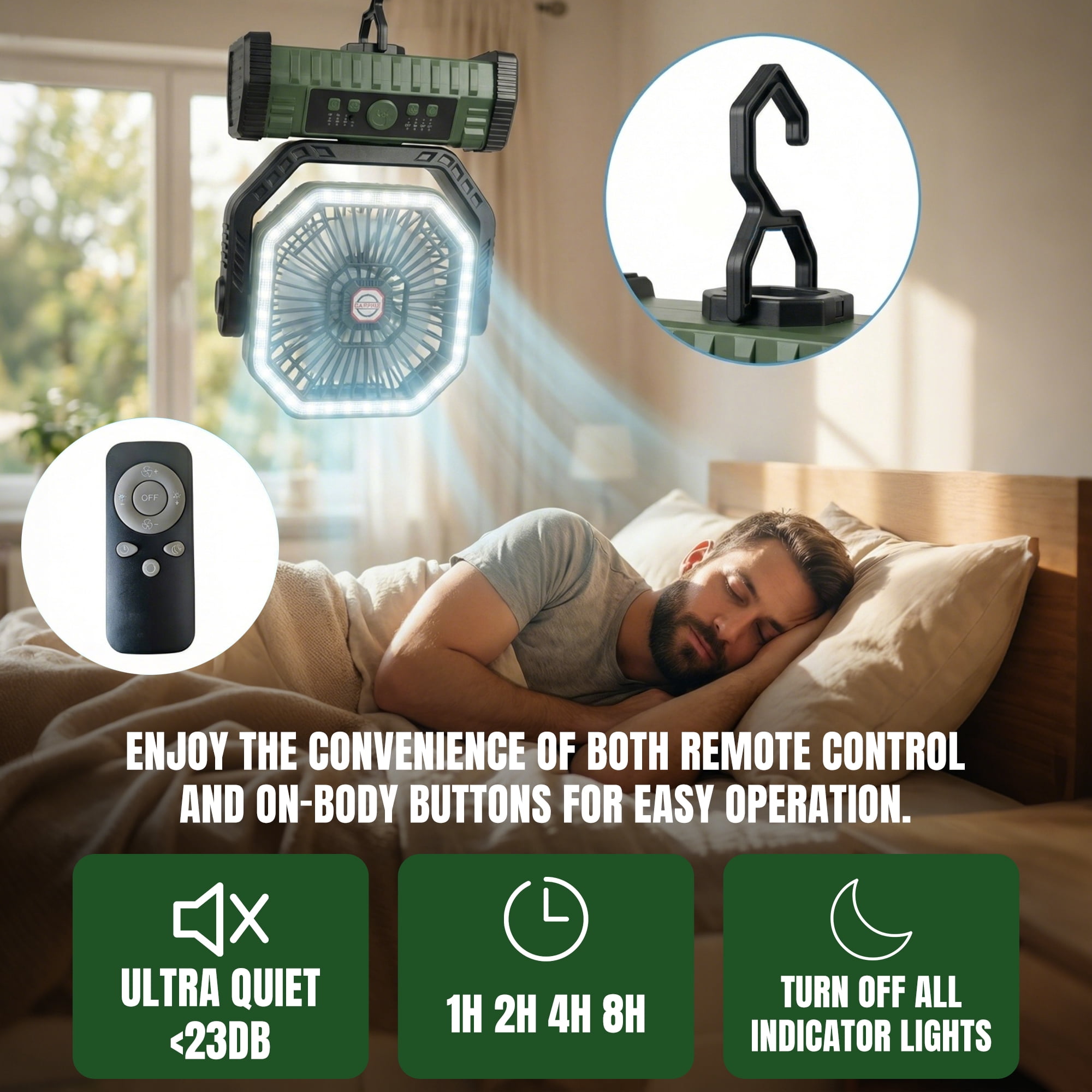DAYBETTER Oscillating Camping Fan with LED Lantern, 20000mAh Rechargeable Timer Portable Fan with 4 Speed & 3 Brightness, Remote Control for Car Travel Camping Gear Emergency Power