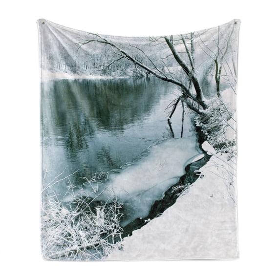 Nature Soft Flannel Fleece Throw Blanket, Winter Forest with Frozen Snowy Foliage Grass Icy Tree Branches Lake Scenery, Cozy Plush for Indoor and Outdoor Use, 70" x 90", Turquoise White, by Ambesonne