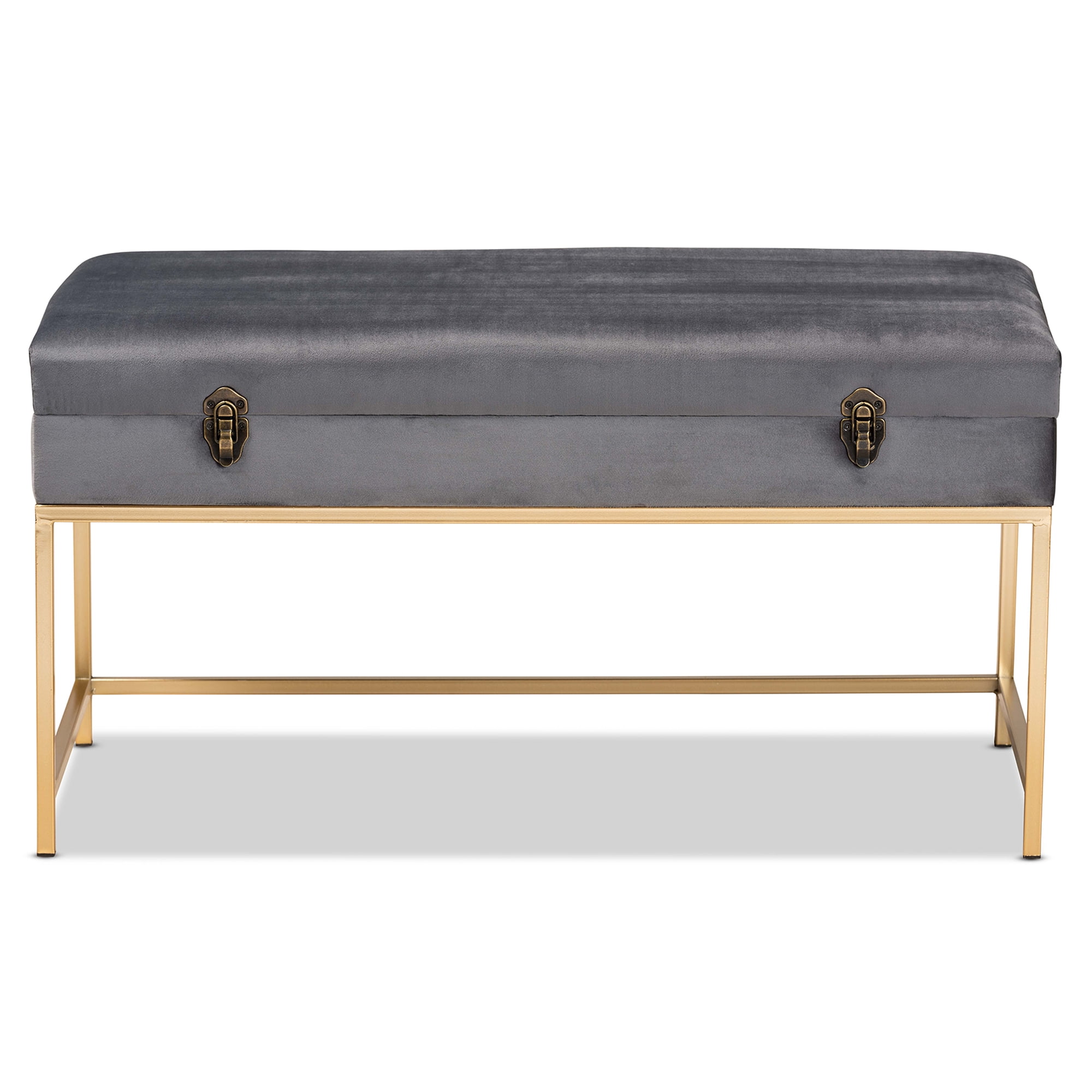 Baxton Studio Aliana Glam and Luxe Grey Velvet Fabric Upholstered and Gold Finished Metal Large Storage Ottoman