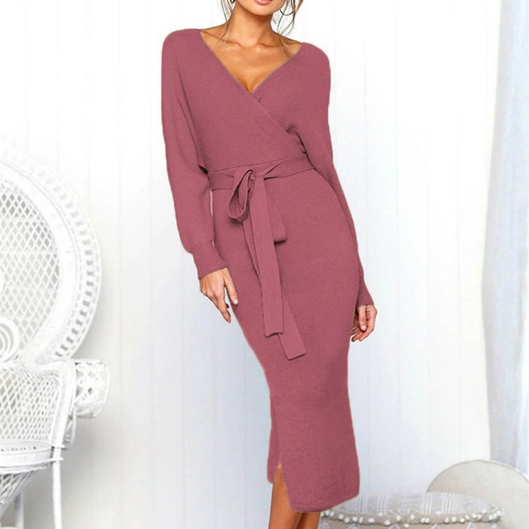 knee length dresses for ladies WOMEN'S LONG SLEEVE SELF TIE WRAP MIDI SWEATER DRESS main image 1