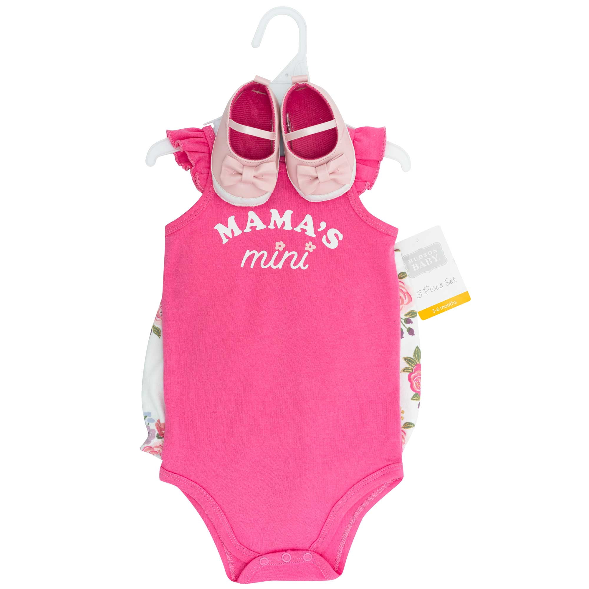 Hudson Baby Girl Cotton Bodysuit, Shorts and Shoe Set, Mama Floral, 6-9 Months