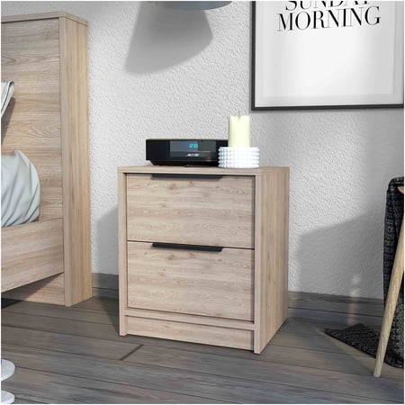 JERFIT Modern Nightstand with 2 Drawers Light Grey Bedside Table with Large Storage Shelf for Bedroom