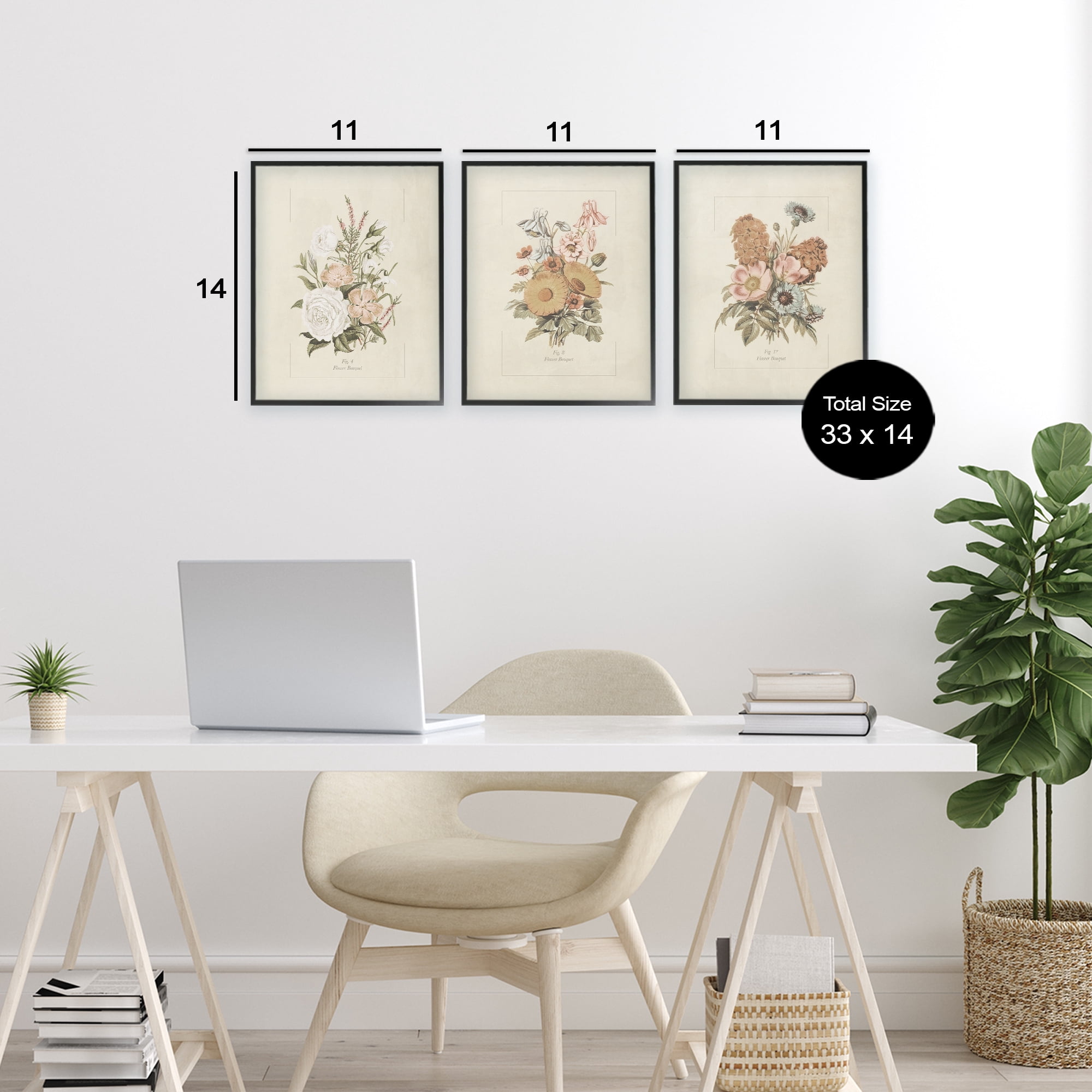 Stupell Industries Neutral Bouquet Studies 3 Piece Black Framed Giclee Art Set, design by Dan Meneely