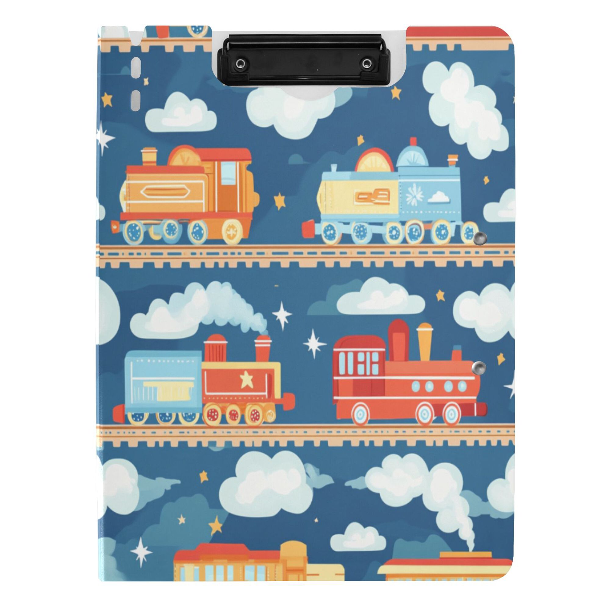 FORMRS A4 Clipboard Folder with Pen Holder Horizontal Foldable School Office Binder, Blue Cute Train Pattern