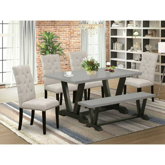 East West Furniture V-Style 6-piece Wood Dining Set in Cement/Black/Doeskin