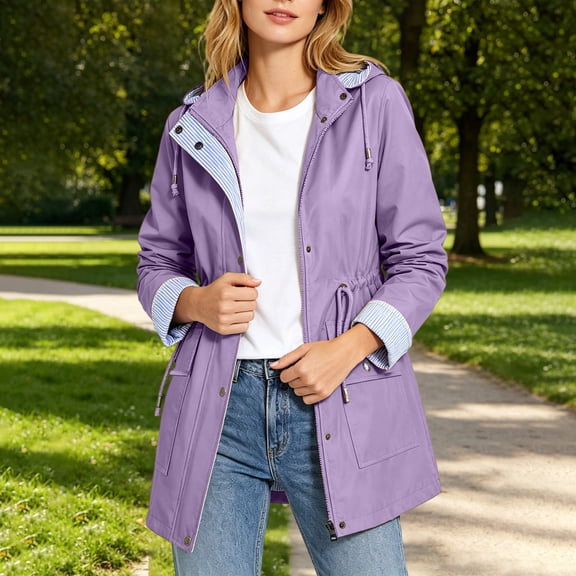 TaTaai Women's Mid Length Waterproof Hooded Windbreaker Jacket with Pockets Adjustable Waist for Hiking Travel Daily