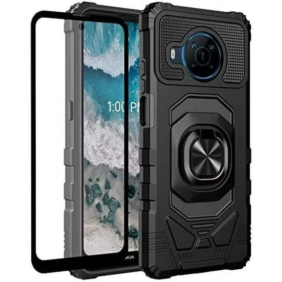 Compatible Case for Nokia C200 Case with Tempered Glass Screen Protector [Military Grade] Ring Car Mount Kickstand Shockproof Hard Phone Case - Black