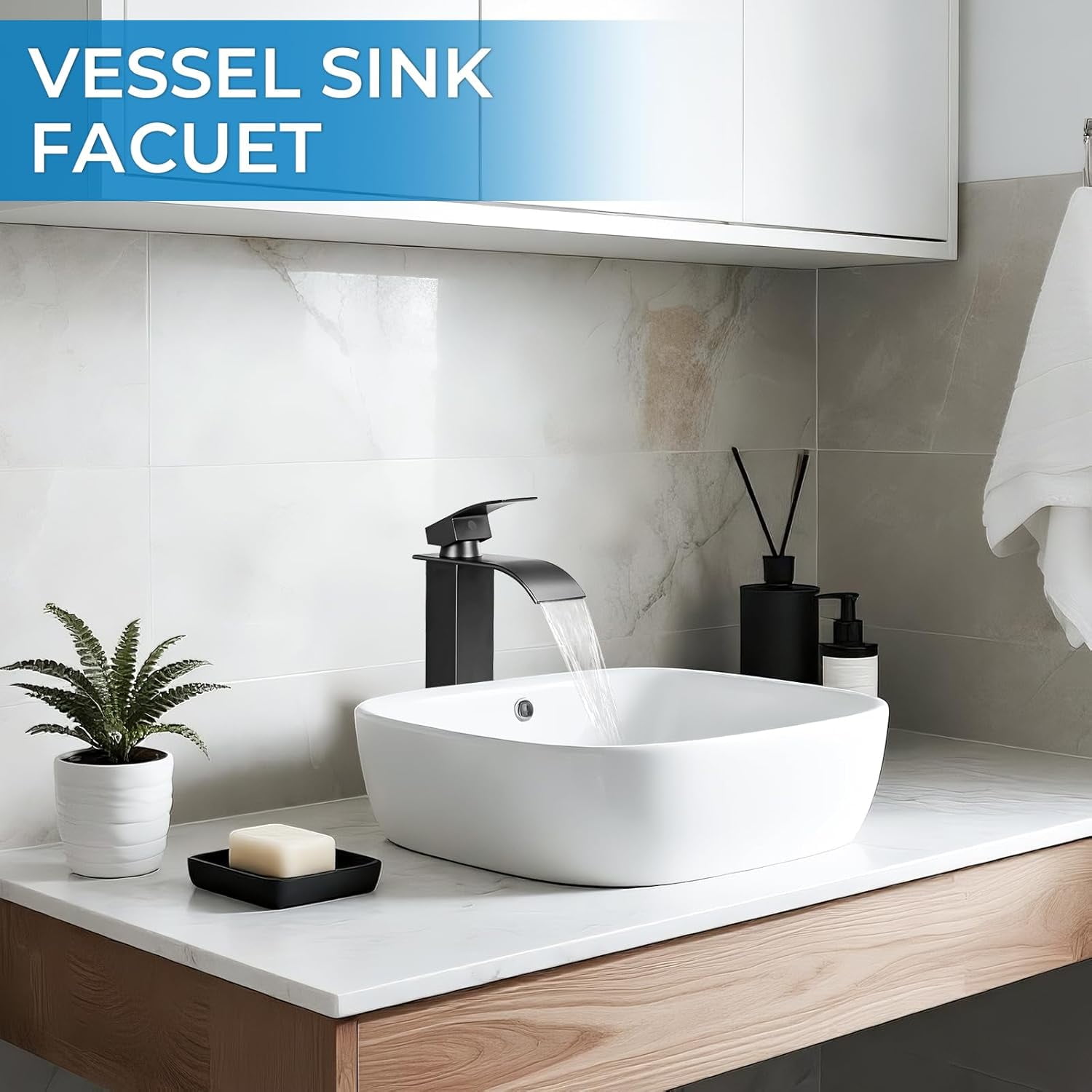 Black Bathroom Faucets, Tall Waterfall Bathroom Sink Faucet Modern Single Handle Bathroom Faucte 1 Hole, Tall Spout Vessel Faucet Mixer Tap Washbasin Faucet with Pop-up Drain, Supply Hoses