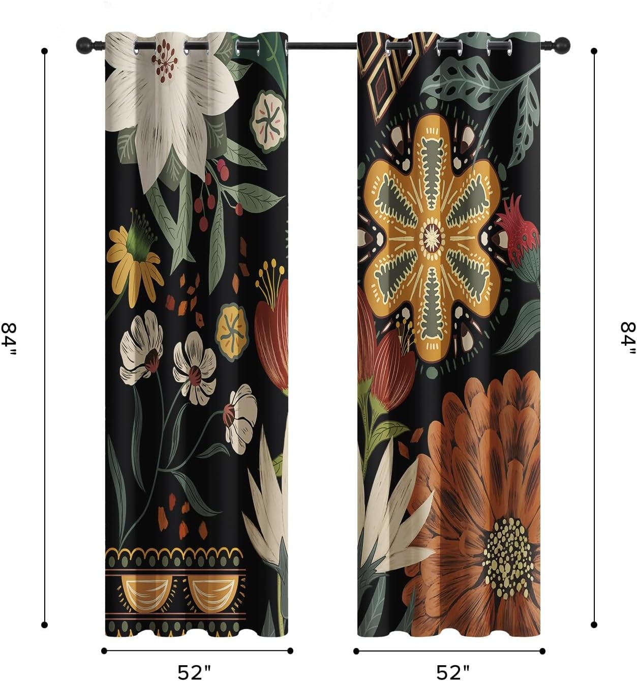 Boho Floral Blackout Curtains for Bedroom Windows, Plant Leaves Print Curtains for Living Room, Black Bohemian Dining Room Curtain Draperies 2 Panel Sets, 52" X 84"
