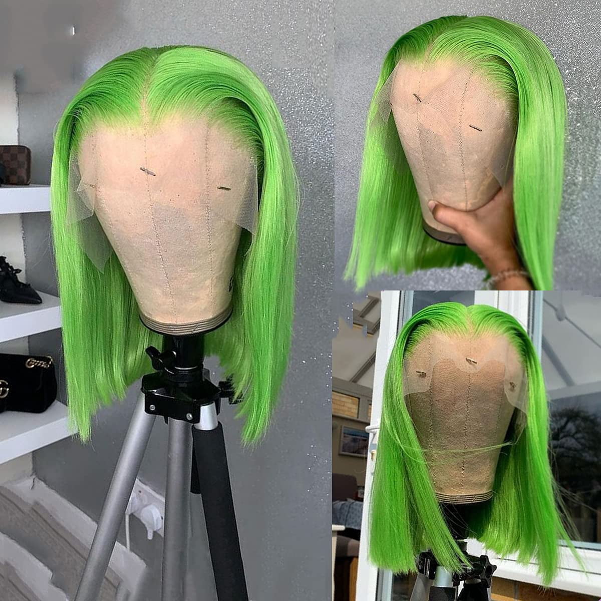 13×4 Lace Front Wigs Short Bob Wigs Green Colored Wig Virgin Human Hair Pre Plucked Natural Hairline Lace Frontal Wigs Brazilian Hair Wigs Bleached Knots
