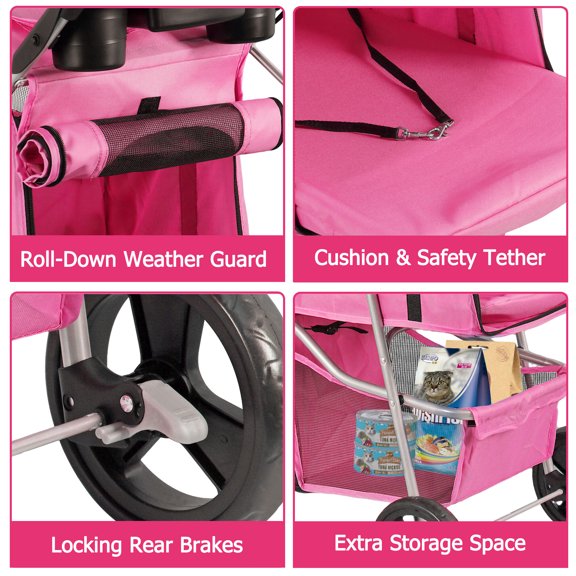 SuperDeal Folding Pet Stroller for Small Dog Cat, 4 Wheels Breathable Pet Carrier W/Cup Holder & Basket, Pink