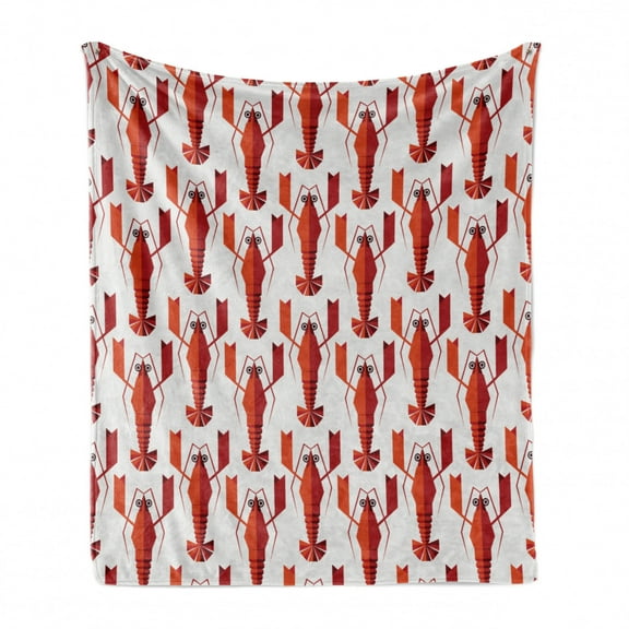 Lobster Soft Flannel Fleece Throw Blanket, Abstract Geometric Lobsters Artwork Vertically Aligned Graphic, Cozy Plush for Indoor and Outdoor Use, 50" x 70", White and Vermilion, by Ambesonne